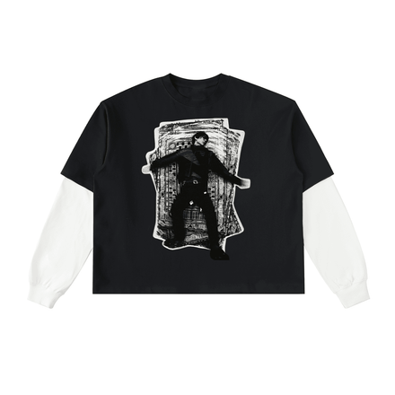 Layered Contrast Sleeve Cotton T-Shirt